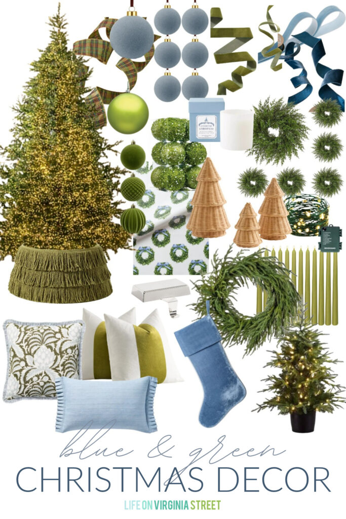 Blue and green Christmas decor, with coastal accents. Includes a 10' Christmas tree with micro lights, wicker Christmas tree decor, chartreuse Christmas ornaments, dusty blue Christmas ornaments, boxwood wreath wrapping paper, and velvet ribbon in shades of French blue and olive green.